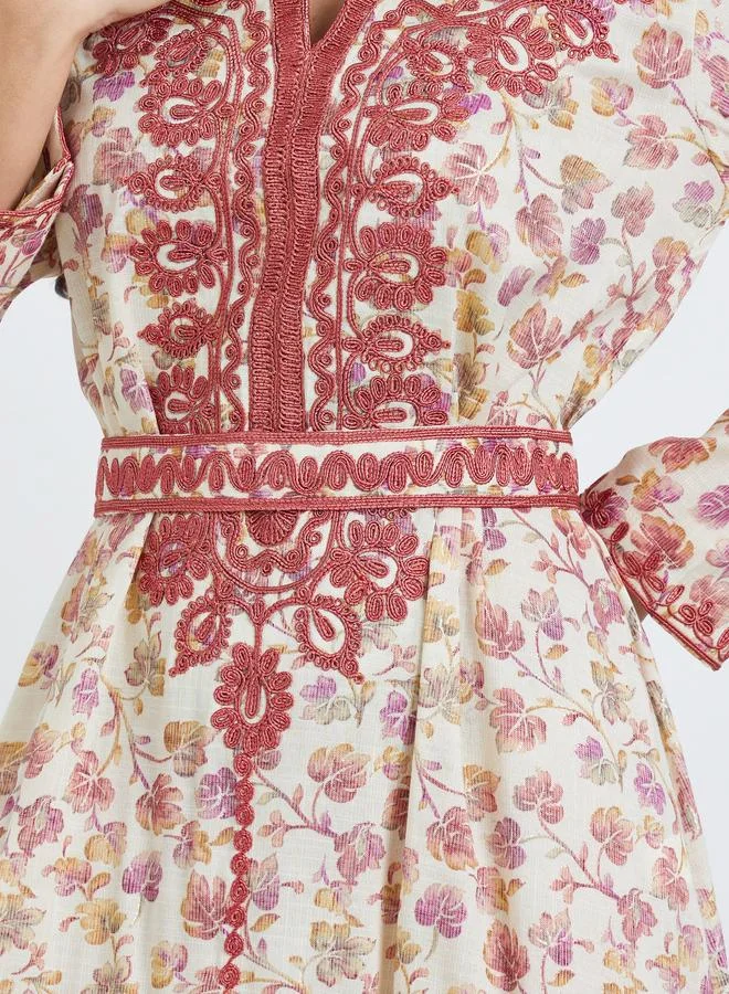 Amirah  Women Floral Print Embroidered Belted Jalabiya for Women | Best Price UAE